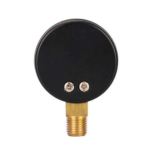 Back view of Boxed Pressure Gauge For Pool And Spa Filters With 2 Inch Dial And One Quarter Inch NPT Bottom Mount, brass fitting visible.