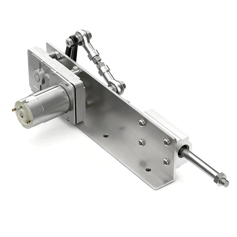 DIY Reciprocating Linear Actuator With Adjustable Telescopic Stroke And Speed Controller 24V Motor on metal base, side view