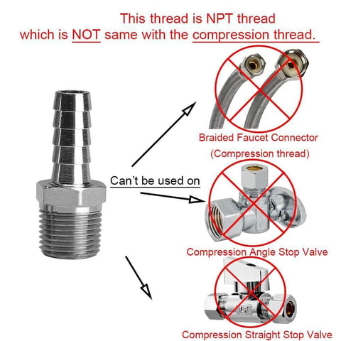 Diagram showing Beduan Stainless Steel Three Eighths Hose Barb To Three Eighths Npt Male Home Brew Fittings and incompatible compression connections.