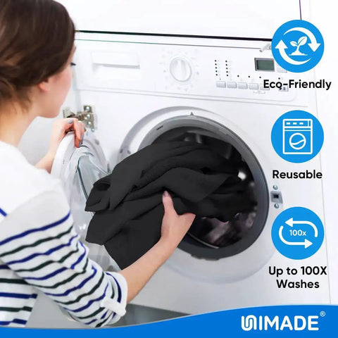 Woman placing Bulk 50 Pack Microfiber Cleaning Cloths 11.5 By 11.5 Inches Lint Free Reusable Towels into washing machine