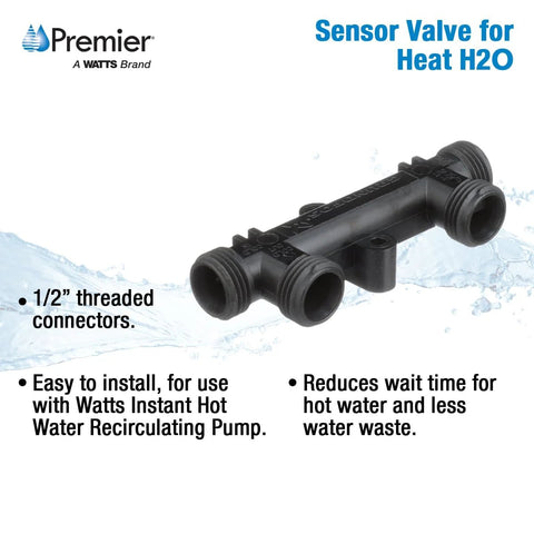 Sensor valve for Watts Premier hot water recirculating pump, 1/2 inch threaded connectors, black plastic.