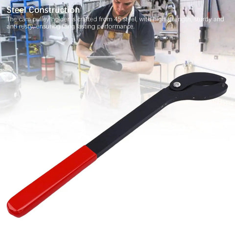 Camshaft pulley holder tool with adjustable opening, steel construction, black handle and red end