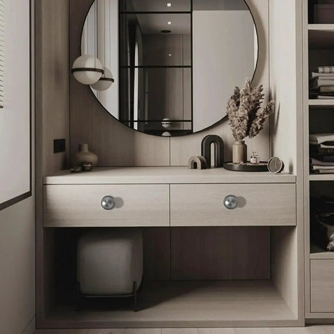 Modern vanity with 4 pack self adhesive stainless steel drawer knobs brushed silver cabinet handles installed, reflecting in mirror.