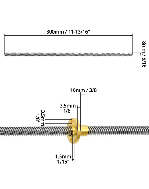 T8 300Mm Lead Screw With Brass Nut 4 Pack, Acme Thread, 4 Starts, 2Mm Pitch, 8Mm Lead, Stainless Steel, 300mm with dimensions.