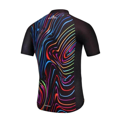 Black short-sleeve cycling jersey with colorful swirl pattern, back view
