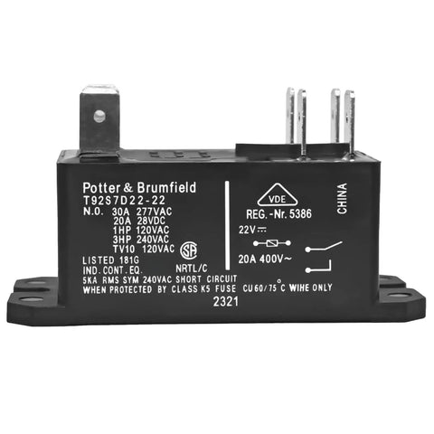 Genuine OEM Replacement Furnace Relay DPST General Purpose Relay T92S7D22-22 model shown with terminal connections and specs