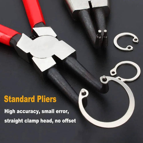 Close-up of Internal Snap Ring Pliers 7 Inch 90 Degree Bent For Internal Circlips on black background with circlips.