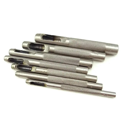 Leather Craft Hollow Hole Punch Set Pro Grade 7 Piece Round Punch Tool in steel with knurled grip for leatherworking.