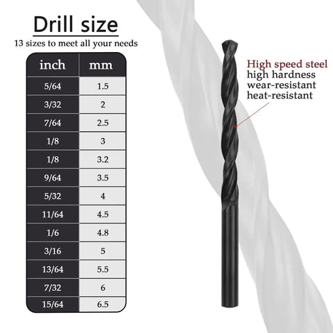 Cobalt Drill Bit Set 13PCS High Speed Steel With Black Oxide Coating For Metal Wood And Plastic Sizes 1.5mm To 6.5mm Portable Case