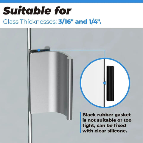 Chrome Glass Sliding Shower Door Pull Handle For 3/16 And 1/4 Inch Thick Glass showing fit for frameless doors with rubber gasket detail.