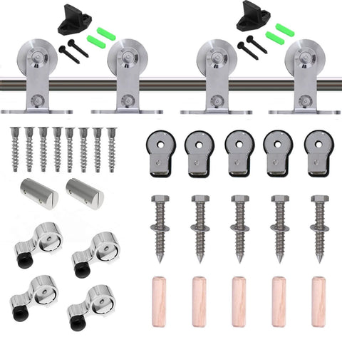 Top Mount 10 Foot Sliding Barn Door Hardware Kit In Stainless Steel Heavy Duty Track For Double Wood Doors Ultra Smooth And Quiet Operation No Fuss Install T Style Built To Last Farmhouse Hardware components including track, rollers, and screws, displaying kit assembly parts.