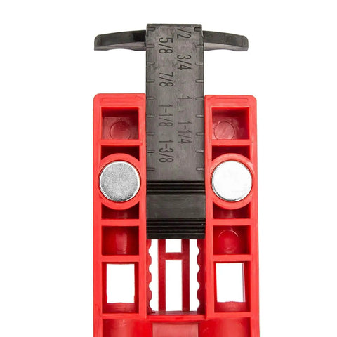 Close-up of Pocket Hole Jig Kit With Builders 500 Screw Pack For Three Quarter Inch Hard And Soft Wood For Building Tables Shelves Cabinets Furniture And More DIY Ready showing measurement scale