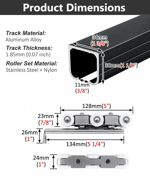 Ceiling Mounted Sliding Door Track Kit With Bypass Pocket Hardware, 6 Wheel Set, Heavy Duty Aluminum 1.85mm Track dimensions