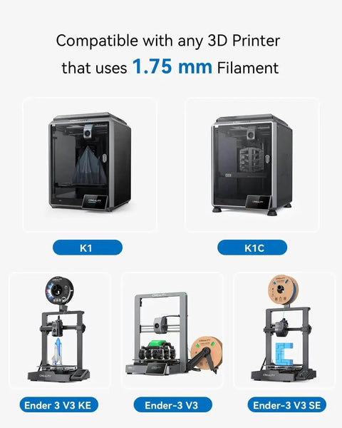 Five 3D printers compatible with 1.75mm filament, including models K1, K1C, Ender 3 V3 KE, Ender-3 V3, and Ender 3 V3 SE.