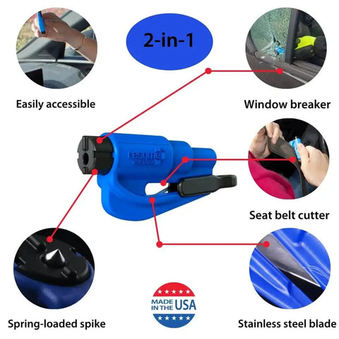 Diagram of blue 2-in-1 car escape tool with seatbelt cutter and window breaker, labeled features and 'Made in USA' badge