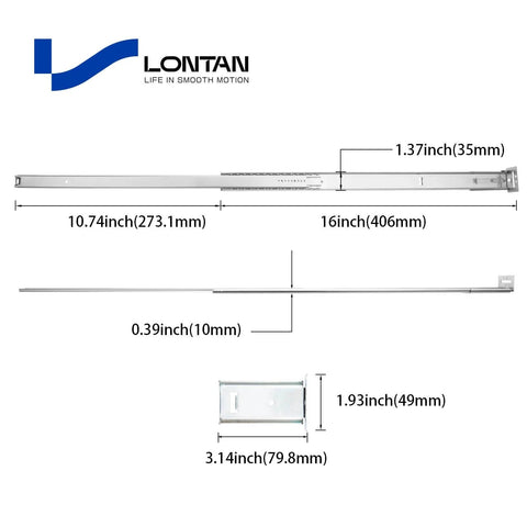 Center Mount Drawer Slides For Cabinets And Dressers, 16 Inch Heavy Duty Rails With 10.74 Inch Extension, Bottom Mount Glide Track