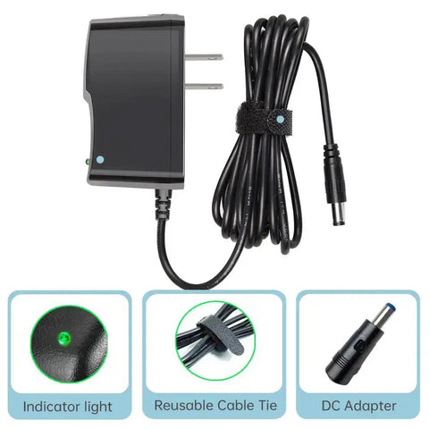 UL Listed 9V AC Power Adapter With 5.5x2.1mm Plug, 6.6ft Cord, Center Positive next to labeled features