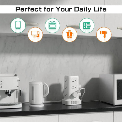 Tower Surge Protector Power Strip With 12 Outlets 4 USB Ports Including USB C 6.5 Foot Extension Cord 16 In 1 Charging Station on counter