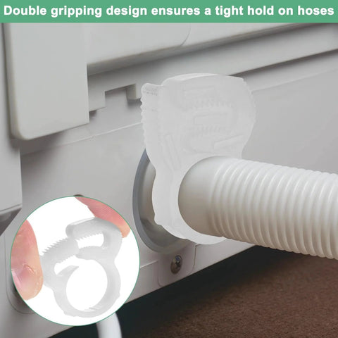 Close-up of Ten Pack Double Gripping Nylon Hose Clamps Five Eighths Inch Adjustable Ratcheting Clamps securing a white pipe.
