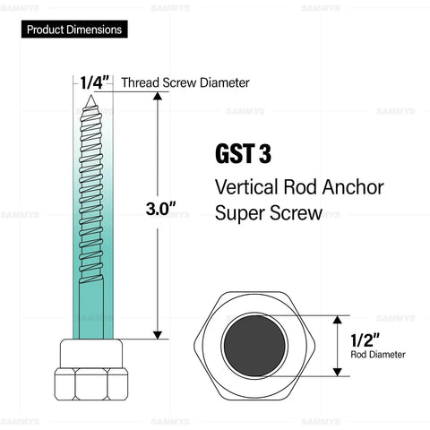 Diagram of Easy Install Wood Threaded Rod Anchor, Three And A Half Inch Screw, No Pre Drill Required dimensions.