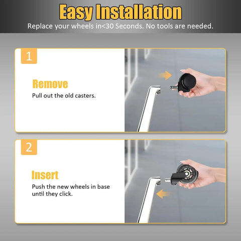 Installation instructions for Set of 5 Quiet 3 Inch Rubber Office Chair Caster Wheels with Universal 11x22mm Stem