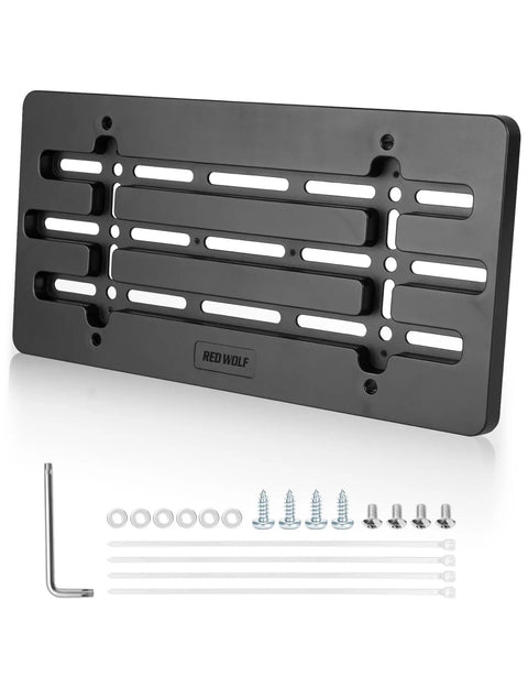 Universal Front License Plate Bracket Holder Frame For Cars Trucks And SUVs Beefy Black Easy Mount With 6 Screws And Wrench Kit Durable 6 X 12 Inch Flat Mount, black frame with mounting screws and wrench.