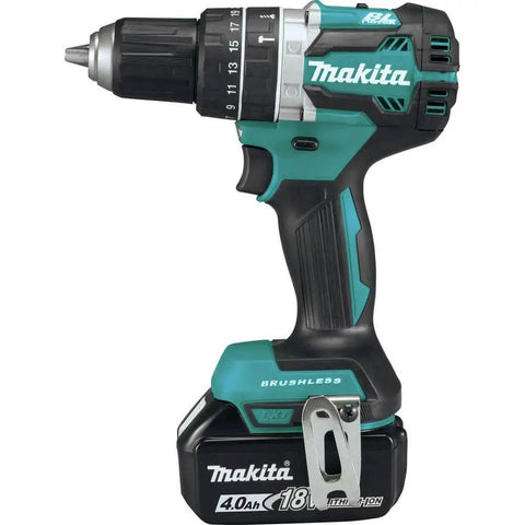 XT269M 18V LXT Brushless Cordless Drill showing side view with 4Ah battery attached