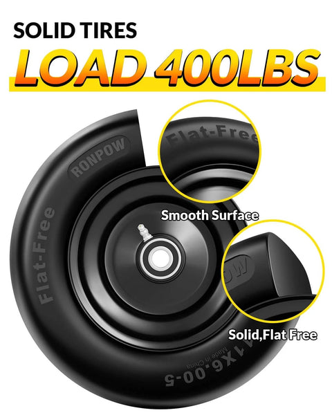 Close-up view of a 11x6.00-5 flat free tire, black solid rubber with smooth surface, part of a heavy-duty tire and wheel set for lawn mowers.