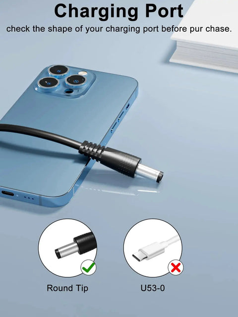 Round tip charging cable plugged into a phone, with comparison to a U53-0 port shown. Charging port compatibility guide.