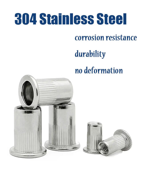 Pro Grade Rivet Nut Kit 216 Pc Stainless Steel Flat Head Riv Nut Assortment For Auto Shop And Diy Projects Includes Sizes Eight By Thirty Two Ten By Twenty Four One Quarter Twenty Three Eighth Sixteen Five Sixteen Eighteen shown with 304 stainless steel rivet nuts displaying corrosion resistance, durability, and no deformation.