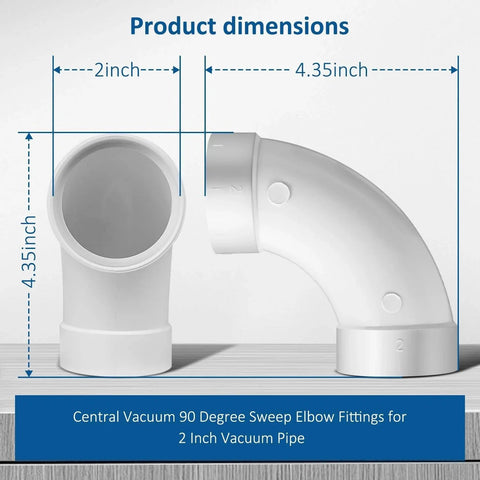 3 Pack Replacement Central Vacuum 90 Degree Elbow Fittings For 2 Inch Vacuum Pipe To Prevent Clogs And No Fuss Install LEFITPA Compatible, shown with dimensions