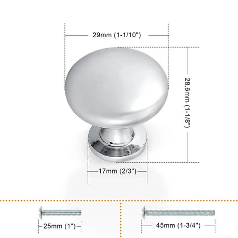 Polished Chrome Cabinet Knobs 5 Pack Round Furniture Knobs 1-3/16 Inch Diameter with detailed measurement diagram
