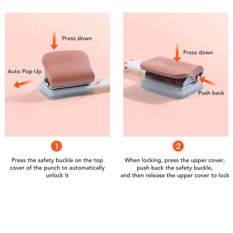 Instructions for using the pink handheld 3 hole paper punch for binders and notebooks with ABS and iron construction.