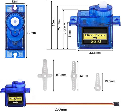 SG90 Micro Servo Motors Pack 10 For Arduino RC Projects And Tiny Robots dimensions and components overview with blue casing