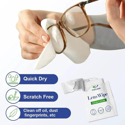Lens Wipes For Eyeglasses And Screens And Camera Lenses Ocean Scent 100 Count used to clean glasses, shown drying scratch-free