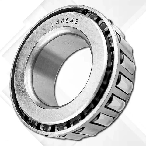 Trailer Bearing Kit For 2000lb Trailers With L44643 L44610 Inner Bearings 1.98 Inch Grease Cap Seals Cotter Pins And 2 Sets For EZ Lube Or Standard BT8 Spindle Rotating Quiet And High Speed. L44643 roller bearing close-up view