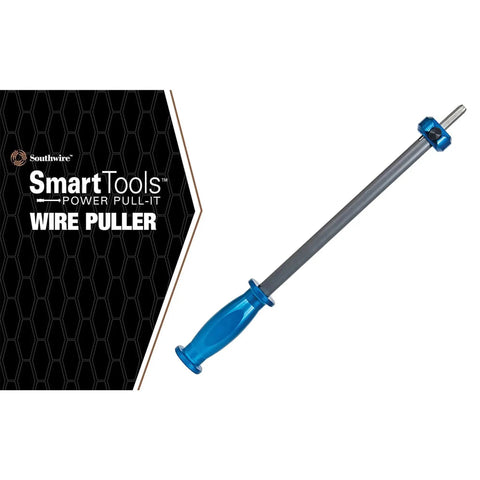 Image of Power Pull It Cable Puller for drills, featuring a silver/blue wire pulling tool ideal for reducing hand fatigue and labor.