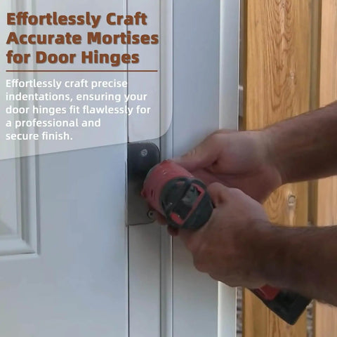 Using upgraded door jamb hinge jig for precise hinge install on door, adjustable guides visible, red finish