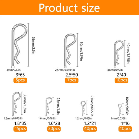 313 Piece Stainless Steel Cotter Pin Set With 13 Sizes Including Hairpin Pins And R Clips shown with product sizes and quantities