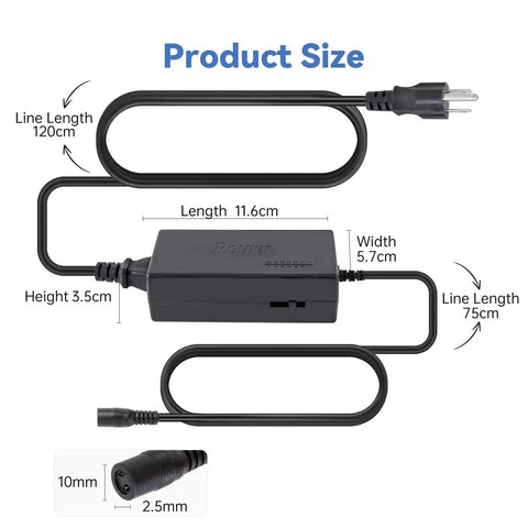 Universal DC Power Adapter With 8 Tips, Switchable 12V-19V/4.5A and 20V-24V/4A Output, 100-240V AC In, Ultra Compact, Safe Overload Protection shown with dimensions and connector details.