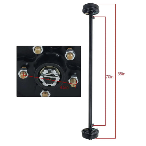 Close-up of Heavy Duty 3500 Lb Trailer Electric Brake Axle With 5 Lug 4.5 Inch Bolt Pattern, 85 Inch Hub Face, installed view.