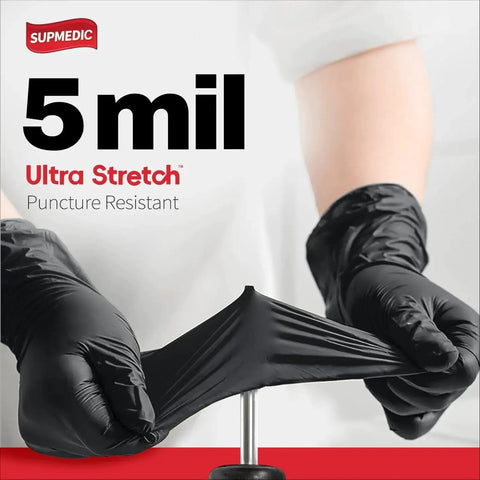 Black Nitrile Exam Gloves 5 Mil Powder Free Medical Gloves XL 100 Pcs stretched for puncture resistance demo