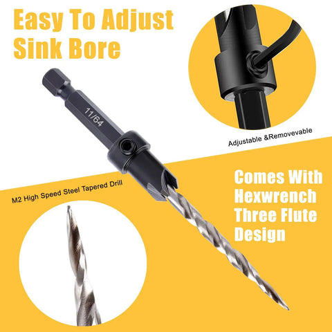 Top Notch Wood Countersink Drill Bit Set With Five Sizes Four Six Eight Ten Twelve For Woodworking Quick Change One Quarter Inch Hex Shank And Allen Wrench From Newdeli featuring adjustable M2 high-speed steel tapered drill