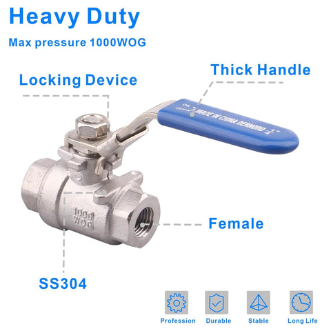 DERNORD SS304 ball valve with locking device, 1/4 in NPT, blue handle, female end
