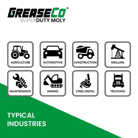 GreaseCo Super Duty Moly grease applications in agriculture, automotive, construction, drilling, maintenance, mining, steel, metal, trucking.