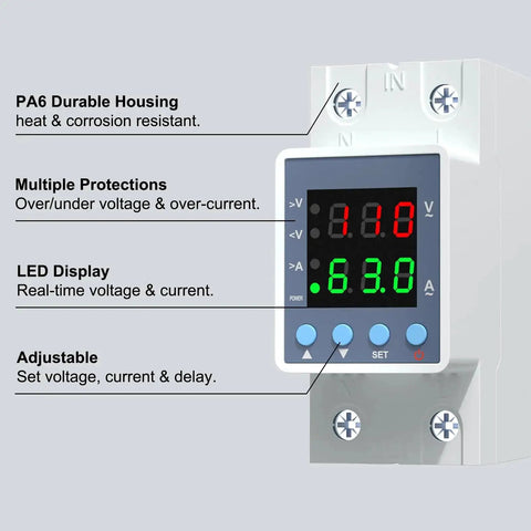 Over And Under Voltage Protector With Adjustable Current And Voltage, 120VAC 63A with LED display showing voltage and current settings.