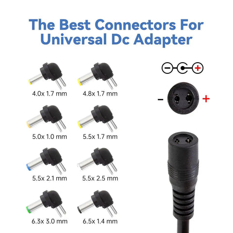 Universal DC Power Adapter With 8 Tips, Switchable 12V-19V/4.5A and 20V-24V/4A Output, 100-240V AC In shown with connector sizes