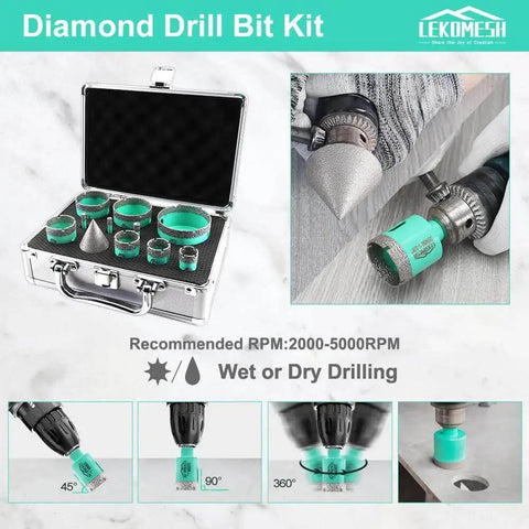 Pro Grade 11pc Diamond Core Drill Bits Set Tile Hole Saw Kit With 35mm Chamfer Bit for Porcelain, Granite, Marble, Masonry