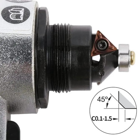Close-up of Mini Pneumatic Chamfering Tool For Metal Beveling All In One Deburring Cutter with 45-degree chamfer diagram