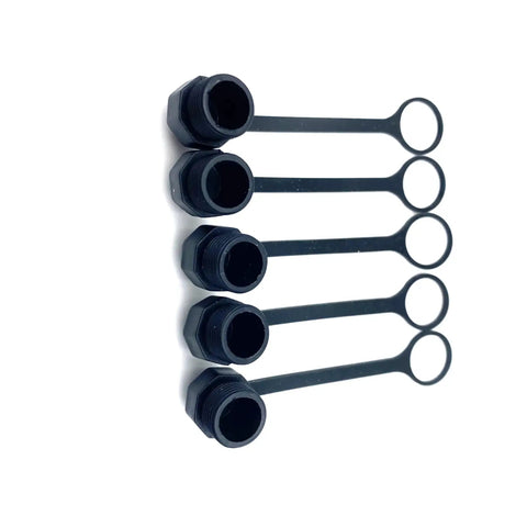 Five Piece M12 Connector Dust Covers For Female Sockets Protective Caps Black Plastic shown in row layout